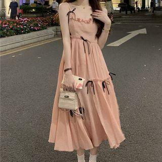 Spaghetti Strap Bow Midi A-line Dress / Light Jacket