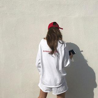 Set: Lettering Fray-edge T-shirt + Sweat Shorts