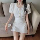 Short-sleeve Contrast Trim Single Breasted Top / High-waist Plain Skirt