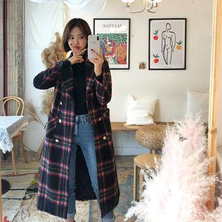 Wool Blend Tartan Plaid Coat Black - One Size
