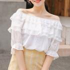 Elbow-sleeve Lace Trim Ruffled Top