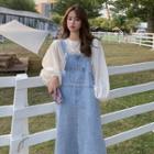 Long-sleeve Blouse / Washed Denim Midi A-line Overall Dress