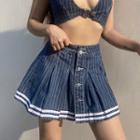High-waist Stripe Mini Pleated Denim Skirt