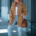 Long-sleeve Plain Pocketed Fluffy Button Coat