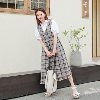 Wrap-front Plaid Maxi Pinafore Dress