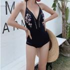 Flower Embroidered Open Back Swimsuit
