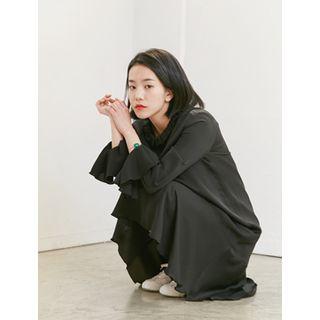 Frill-neck A-line Midi Dress