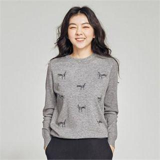 Round-neck Zebra-embroidered Knit Top
