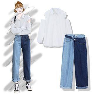 Cold-shoulder Shirt / Paneled Straight-cut Jeans