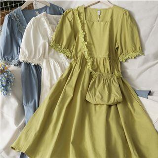 Lace-trim Plain Midi Dress With Mini Crossbody Bag