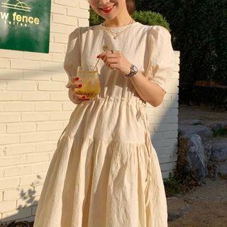 Short-sleeve Drawstring A-line Midi Dress Off-white - One Size