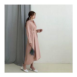 Half-placket Long Shirtdress With Sash