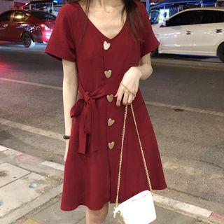 Short-sleeve Heart Buttoned A-line Dress