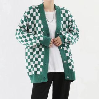 Long-sleeve Plaid Loose-fit Knit Cardigan