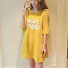 Elbow-sleeve Slit-shoulder Lettering T-shirt Mini Dress