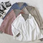 Mock Two-piece Panel Color-block Striped Long-sleeve Blouse