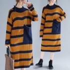 Long-sleeve Color Block Knit Midi Dress Orange Yellow - One Size
