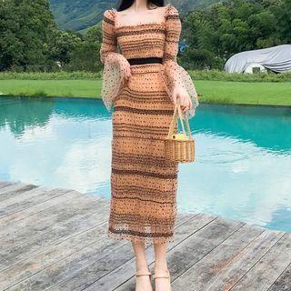 Flared-sleeve Dotted Midi Sheath Dress