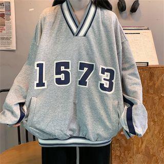 V-neck Number Print Sweatshirt