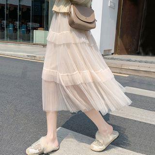 Tiered Mesh Midi A-line Skirt