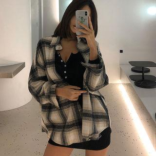 Wool Blend Napped Plaid Shirt Black - One Size