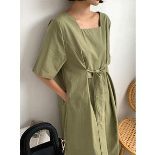 Square-neck Tie-front Long Flare Dress
