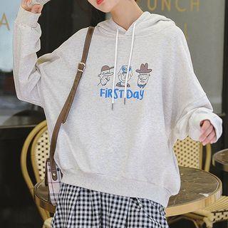 Cartoon-print Hoodie Grayish Beige - One Size