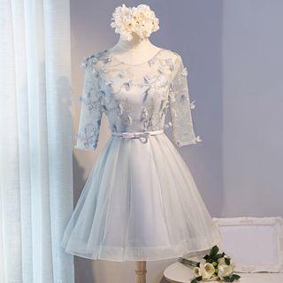 Floral Appliqu  Embroidered Elbow-sleeve Prom Dress