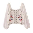 Square-neck Floral Embroidered Crochet Panel Blouse