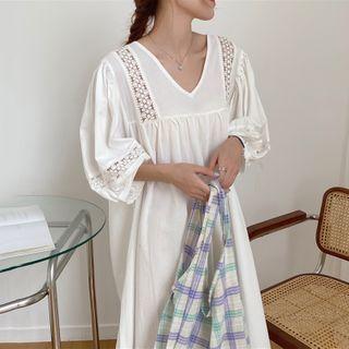 Eyelet Trim Balloon-sleeve Midi A-line Dress