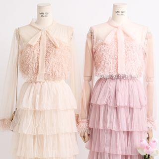 Ribbon-neckline Mesh-panel Lace Top