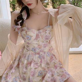 Spaghetti Strap Floral Corset Dress / Frill Trim Light Jacket / Set