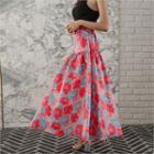 Band-waist Floral Long Flare Skirt
