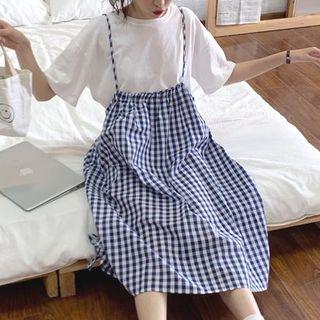 Plain Short-sleeve T-shirt / Plaid Suspender A-line Midi Skirt