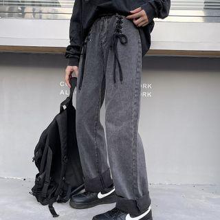 Lace-up Washed Straight Leg Jeans