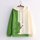 Two-tone Cartoon Dinosaur Embroidered Hoodie Beige & Green - One Size