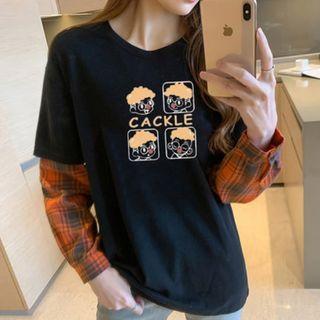 Long-sleeve Mock Two-piece Cartoon Print T-shirt