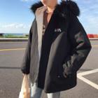 Furry Trim Hooded Fleece-lined Lettering Zip Jacket