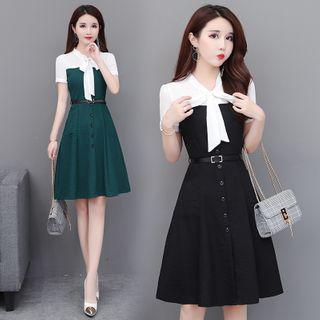 Short-sleeve Ribbon Neck Chiffon A-line Dress
