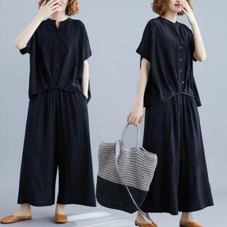 Set : Plain V-neck Batwing-sleeve Top + Wide-leg Pants