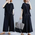 Set : Plain V-neck Batwing-sleeve Top + Wide-leg Pants