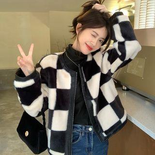 Fleece Plaid Zipped Jacket Black - One Size