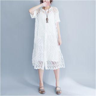 Set: Buttoned Short-sleeve Midi Lace Dress + Strappy Dress