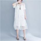 Set: Buttoned Short-sleeve Midi Lace Dress + Strappy Dress