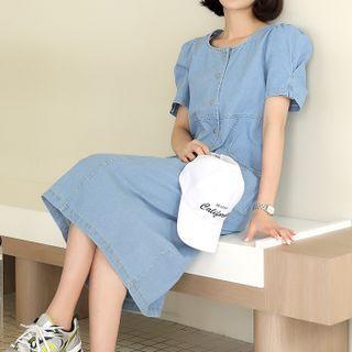 Puff-sleeve Pocket-detail Denim Shirtdress