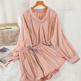 Set: V-neck Blouse + Drawstring Shorts
