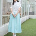 High Waist Midi A-line Skirt / Plain Short-sleeve Blouse