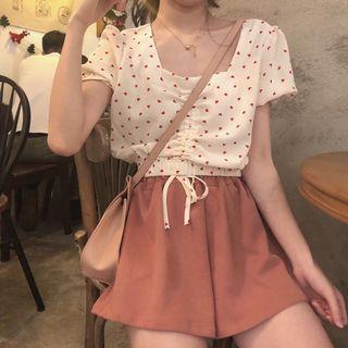 Short-sleeve Heart Print Drawstring Top / Elastic Waist Culottes