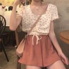 Short-sleeve Heart Print Drawstring Top / Elastic Waist Culottes