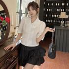Elbow-sleeve Collar Blouse / Layered Mini A-line Skirt